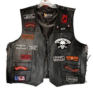 Xelement Motorcycle Leather Vest 3XL Biker Patches Side Laces Flag Eagle Skull